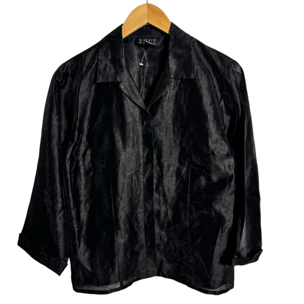Sigrid Olsen Pop Over Top Women L Black Linen Nylon Modest Minimal Button Up